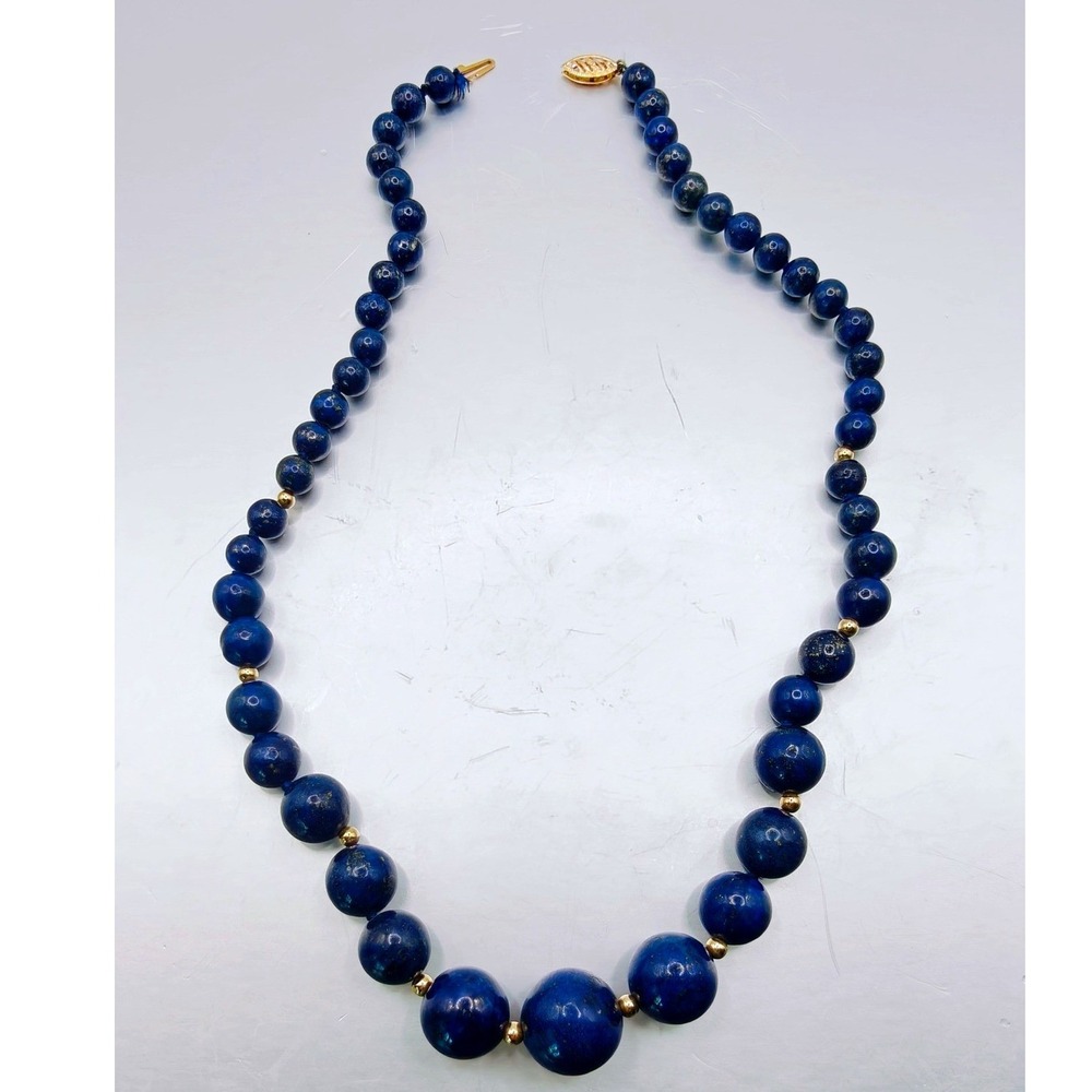 Vintage Graduated Lapis Lazuli Bead Necklace 14k Spacers Filigree Clasp 19in